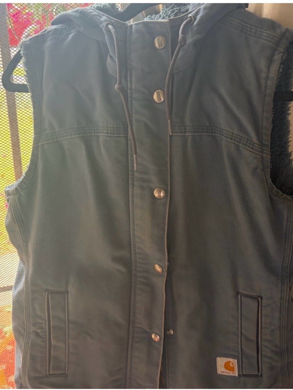 Carhartt Sherpa-Lined Sandstone Berkley Hooded Vest in Dark Indigo size xs